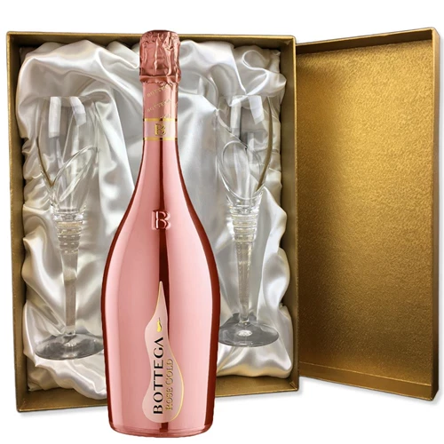Bottega Gold Rose Sparkling 75cl in Gold Luxury Presentation Set With Flutes